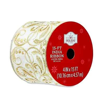 Holiday Time Cream and Gold Sequin Velvet Embroidery Christmas Ribbon, 4" x 15' - Image 1 of 4