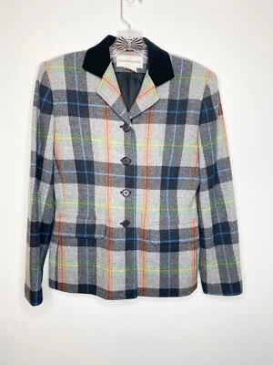 Blazer vintage de lana a cuadros Evan picono inglés país con cuello de terciopelo talla 4 Foto 1 de 4