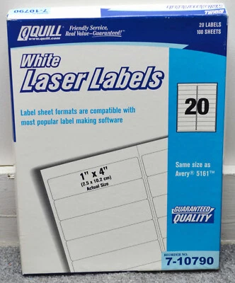Quill White Laser Labels #7-10790 1" X 4"  20 labels on a sheet - 97 sheets - Image 1 of 3