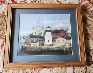Lowell Herrero Picture Framed Print Connecticut Fishing Village Lighthouse - Picture 1 of 2