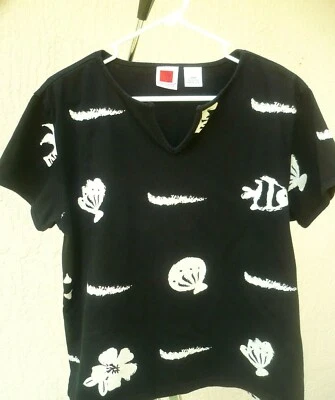 VTG RED GINGER FISH PAINT SEA L BLACK HEAVY KNIT TOP PAINTED SHELL TRAVEL WOMEN - Image 1 of 3