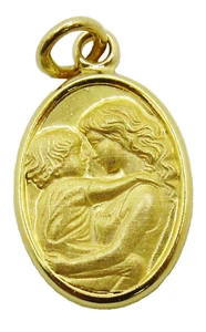 14K YELLOW GOLD OVAL MOTHER & CHILD KID BRACELET CHARM NECKLACE PENDANT ESTATE - Picture 1 of 3
