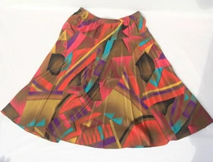 Vintage 80s Abstract Geometric Skirt Brown Multicolor Elastic Waist - Picture 1 of 8
