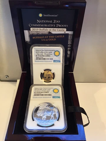 2019 Smithsonian Zoo Buffalo 1/4 oz Gold & Silver Set Medal Scarce Set NGC PF70 Cover