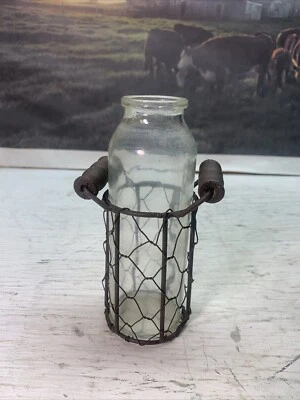 Clear Bottle Vase in Chicken Wire Basket w/Wooden Handles - Image 1 of 4