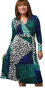 BON MARCHE COLOURFUL GREEN/BLUE MIX PRINTED FIX WRAP MIDI DRESS WITH BELT SZ 14 - Picture 1 of 3