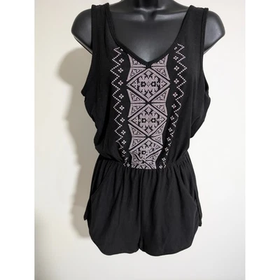 Derek Heart Black Sleeveless Tank Top Romper Embroidered Detail Pockets Medium - Image 1 of 4