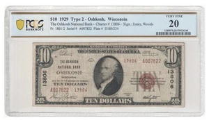$10 1929 OSHKOSH WISCONSIN TYPE 2, NATIONAL BANK CHARTER 13806 PCGS VF20 - Picture 1 of 4