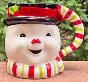 Vintage Snowman Mug Green Red Candy Cane Handle 4.75" H Ceramic Hand Painted - Picture 1 of 10