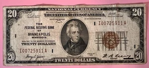 1929 $20 National Bank Note - The Federal Reserve Bank Of Minneapolis, Minnesota - Picture 1 of 10