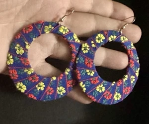 Large Embroidered Fabric Hoop 2.5” Long Dangle Vintage Hippie earrings 1960s - Picture 1 of 9
