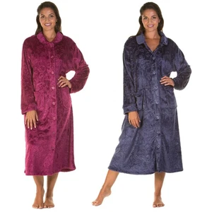 Button Dressing Gown Robe Ladies Front Fastening Fleece Embossed Housecoat - Picture 1 of 5