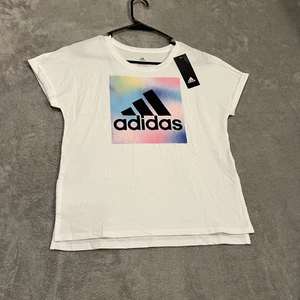 Adidas Shirt Youth Extra Large 16 White Pastel Box Logo Grafica Maglietta Regular Fit - Foto 1 di 5