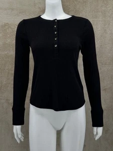 Faherty Top Womens Medium Black Legend Rib Gila Henley Long Sleeves Minimalist - Picture 1 of 10
