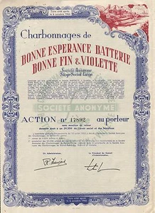 BELGIUM BONNE ESPERANCE COAL CO stock certificate 1944 LIEGE - Picture 1 of 1