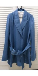 Zara Blazer with Belt 100% Linen Open Closure Collared Long Sleeve Blue Size L - Picture 1 of 11
