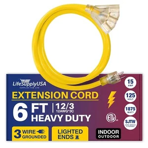 6ft Power Outdoor Extension Cord & Indoor - Waterproof Electric Drop Cord Cable - Picture 1 of 7