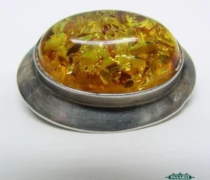 Broche Continental Plata Esterlina Ovalado Ámbar De Colección - Imagen 1 de 5