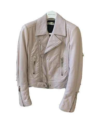 Giacca di pelle rosa chiaro da moto Balenciaga nuova con etichetta taglia 40