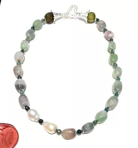 Collana fluorite verde perle barocche bianche argento chiusura fiore rodio - Foto 1 di 4