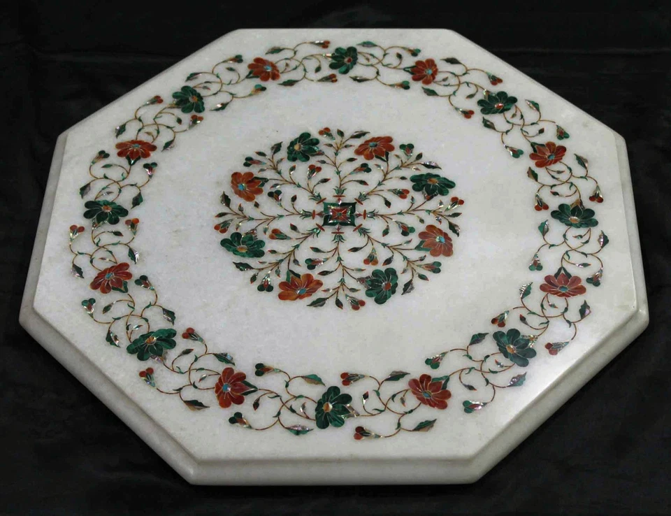 15" Marble table top semi precious stones inlay floral handicraft art work - Image 1 of 1