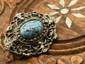 Vintage Silver Metal & Turquoise Blue Stone Oval Pin/ Brooch. Very Decorative - Picture 1 of 10
