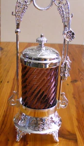 NEW SILVER PLATE FRAME WITH AMETHYST SWIRL INSERT PICKLE CASTOR WITH TONGS - Picture 1 of 4