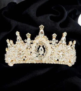 Crystal Beaded Tiara, Gold Wedding Tiara, Handmade Jewelry, Vintage Crown - Picture 1 of 9