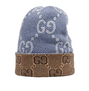 NEW GUCCI DOUBLE LAYER REVERSIBLE BLUE BEIGE GG WOOL BEANIE HAT 58/M - Picture 1 of 13