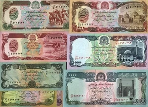 Afghanistan 10 20 50 100 500 1000 5000 10000 AFGHANIS 1979-1993 8 Pcs Set UNC UV - Picture 1 of 4