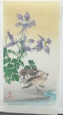 CHINESE QUIAL BIRDS AND PURPLE BLOSSOMS ORIGINAL WATERCOLOR ON PAPER PAINTING 
