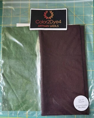 Hand Dyed Wool for applique, rug, hook: (2) 10" Squares, Green & Brown Set 2 - Image 1 of 4