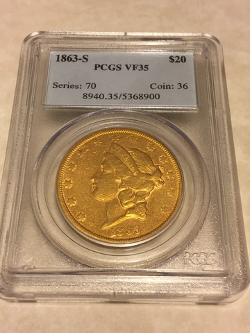 1863-S $20 PCGS VF35 Liberty Double Eagle Gold Coin nice appeal for the grade Cover