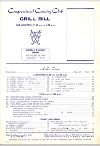 Menú de almuerzo Congressional Country Club Grill Bill años 60 8,25x12" - Imagen 1 de 2