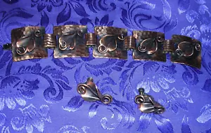 Vintage 1950'S Solid Copper Link Bracelet & Earrings ~Estate MODERNISTIC MCM - Picture 1 of 5