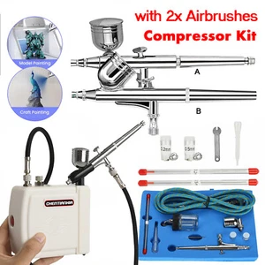 Pro Airbrush Compressor Kit with 2x Airbrushes & 0.2/0.3/0.5mm Nozzles UK - Picture 1 of 21