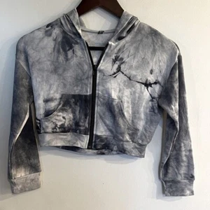 PIXIE LANE Girl’s Gray Tie Dye Peace Sign Full Zip Cropped Hoodie Size 8 - Picture 1 of 4
