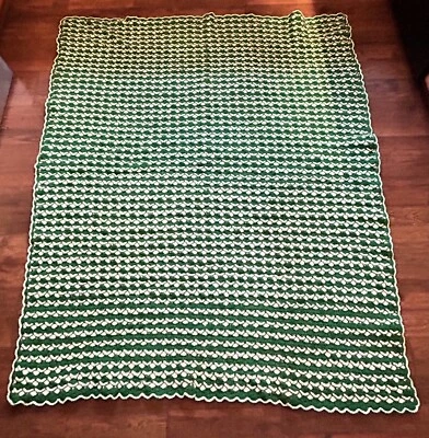 Vintage Hand Crochet Afghan Blanket Heavy Green & White 52” X 63” Handmade - Image 1 of 4