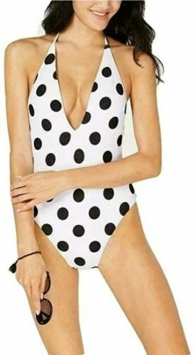 Bar III White Black This and Dot Plunging One Piece Swimsuit Medium Tja07