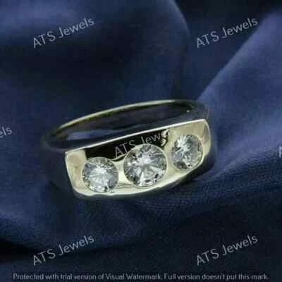 Men's 2 CT Lab Created Diamond 3 Stone Wedding Band 14K Yellow Gold Plated SZ 9 - Image 1 of 4