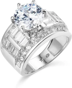 4 Ct Round Baguette Simulated Solid 14K White Gold Halo Engagement Wedding Ring - Picture 1 of 3
