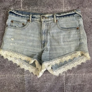 Women's Free People Light Blue Lace Trim 3" Boho Chic Denim Jean Shorts Sz 28 - Picture 1 of 5