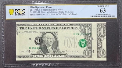 $1 1988A FRN St. Louis - Misalignment Error Note - Shifted Face Print - PCGS 63 - Image 1 of 2