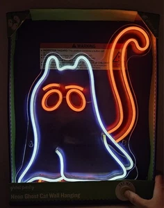 Neon Geist Katze Wandbehang Schild, LED Schild, orange / weiß, USB Powered, Indoor - Bild 1 von 3
