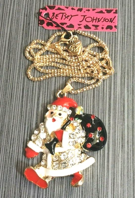 Betsey Johnson Cristal Papá Noel con Bolsa de Regalo Colgante en un Collar Dorado ¡Nuevo! Foto 1 de 2