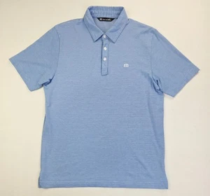 Travis Mathew Size Medium Mens Blue White Stripe Embroidered Chest Logo Polo - Picture 1 of 9