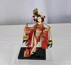 Small Asian Geisha Doll Japanese Lady Figure Stand Carrying Pole Kimono Embroide - Picture 1 of 12