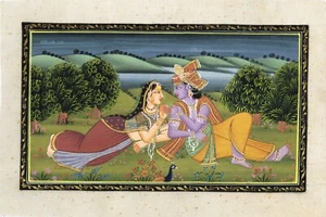 Religious Painting Of Radha Krishna In Love Scene Art On Silk Cloth 11x7 Inches - Picture 1 of 6