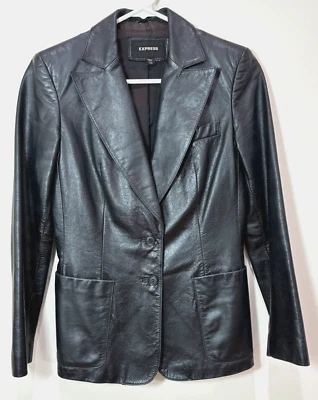 Винтажный Express черная кожаная куртка Blazer женщин S Y2K 90-х Firends гранж мотоциклиста - Изображение 1 из 4
