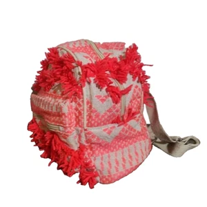 Mini Backpack Neon Pink & Linen Purse Travel Bag Zip Closure 9" x 8" x 5" - Picture 1 of 12